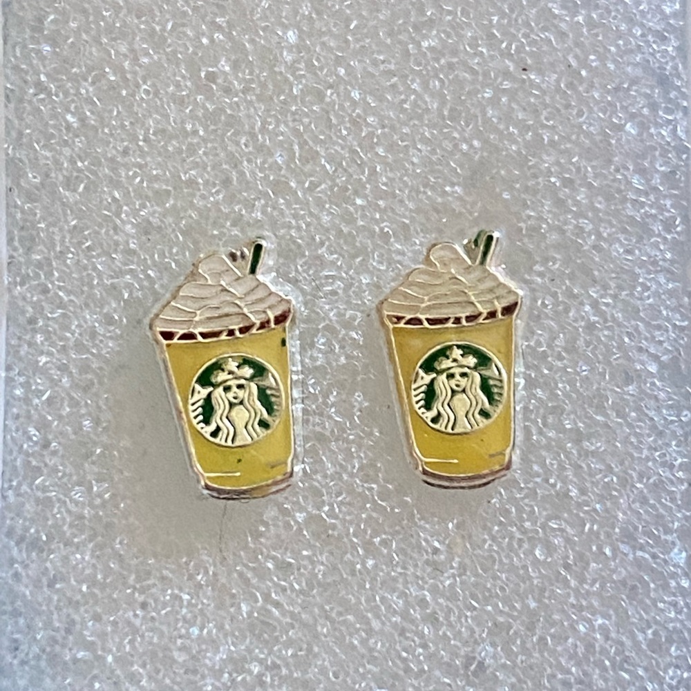 Mexican silver 925 Earrings Starbucks Cups,Ball Screw Backs,yellow